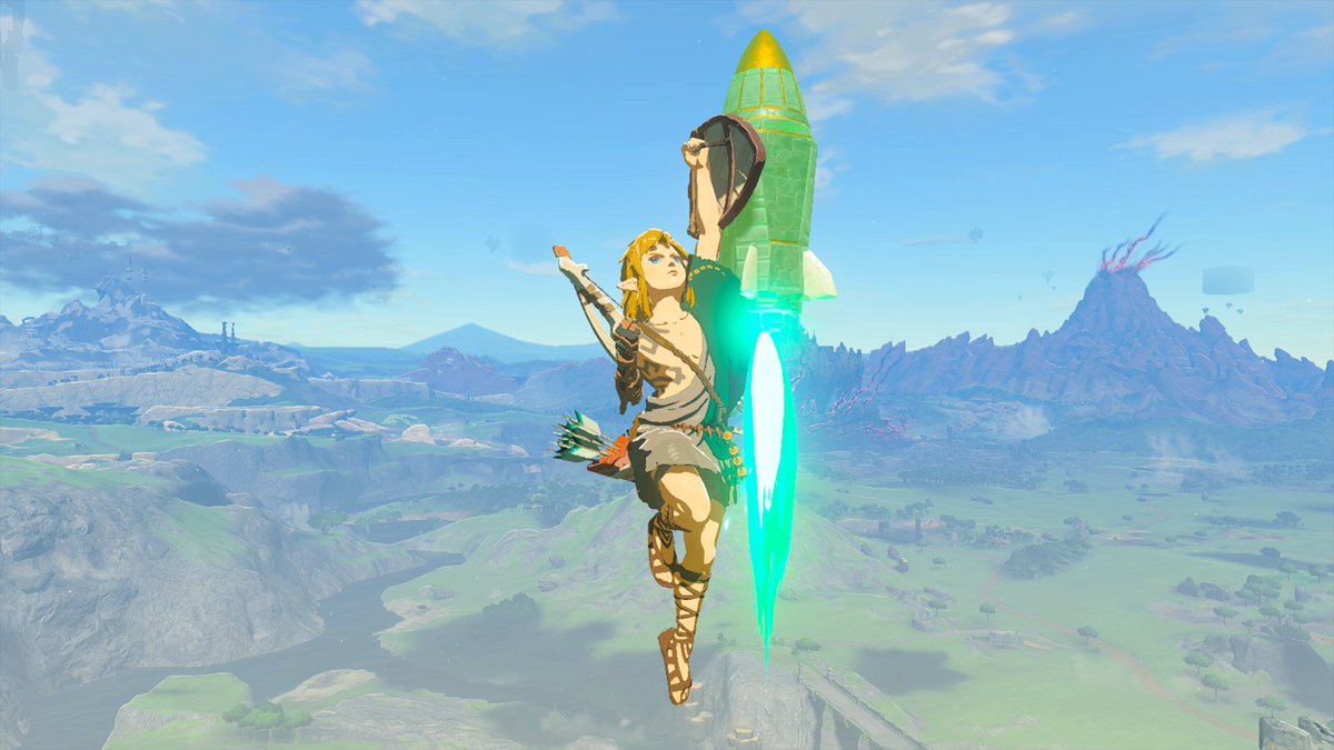 【盾で空へと昇る】
盾は身を守る以外に、とあるものをスクラビルドすることで、上方向へと飛び上がれる移動手段にもなります。例えば「オクタ風船」を付けると、ふわふわゆっくりと少しだけ上昇。「ロケット」を付けると、強力な推進力で素早く急上昇できます。#ゼルダの伝説 #TearsOfTheKingdom