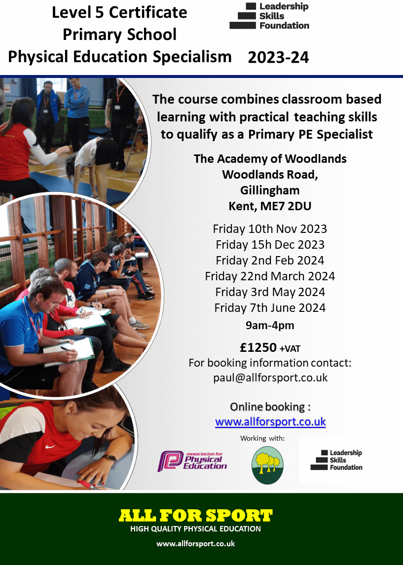 AllForSportLtd's tweet photo. Availability on our Newham and Gillingham courses
Primary PE teachers and coaches... Primary PE Specialism in 23-24. 
Superb practical and theory based learning, develop PE confidence and delivery.
https://t.co/ZVlarw7nYa
@afPE_PE
@LearnTapscott
@charmoore566
@LshipSkillsFdn https://t.co/CS0612P9Yq