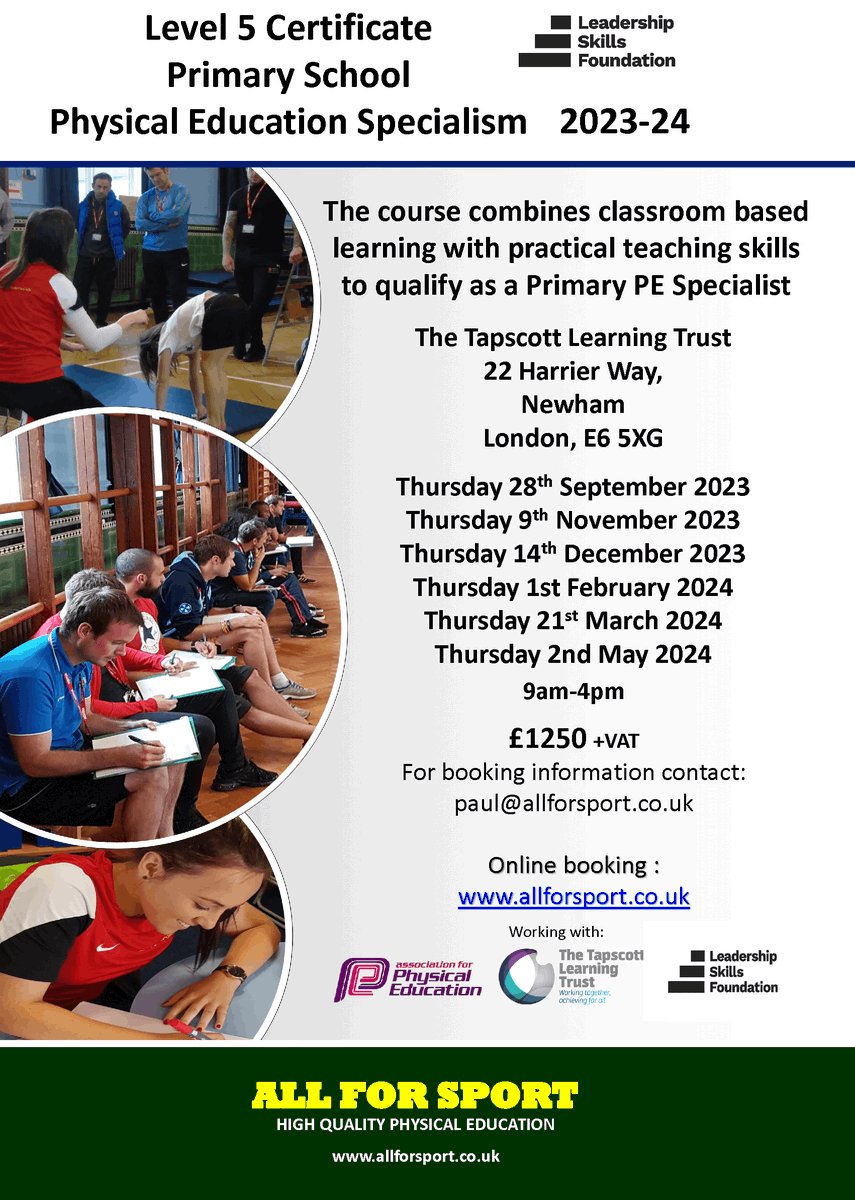 Availability on our Newham and Gillingham courses
Primary PE teachers and coaches... Primary PE Specialism in 23-24. 
Superb practical and theory based learning, develop PE confidence and delivery.
allforsport.co.uk/teacher-cpd/
<a href="/afPE_PE/">Association for Physical Education</a>
<a href="/LearnTapscott/">Learn Tapscott</a>
<a href="/charmoore566/">Charlotte Moore</a>
<a href="/LshipSkillsFdn/">Leadership Skills Foundation</a>