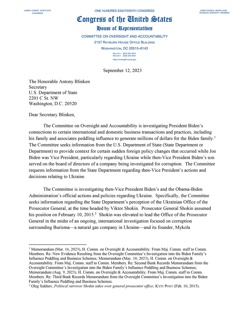 GOPoversight's tweet photo. 🚨BREAKING 🚨

In 2018, Joe Biden publicly boasted about his central role in having Ukrainian prosecutor Viktor Shokin fired.

By his own admission, Joe Biden said he made the removal of Prosecutor General Shokin –  the man leading the investigation into Burisma, Hunter’s cash cow – a condition for Ukraine to receive a critical $1 billion loan guarantee.

@RepJamesComer is requesting Secretary of State Antony Blinken to provide information on then-Vice President Biden’s sudden shift on Ukraine policy that just so happens to coincide with Hunter’s business interests.

Read the letter 👇