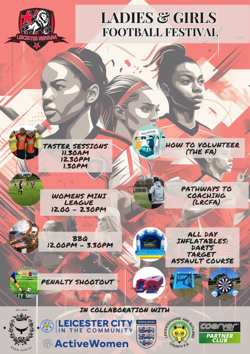 LeicNirvanaFc's tweet photo. This Saturday!!!!
@LeicNirvana celebrates ladies and girls football.

We've had some good interest in being part of the day. 

Come down and join in.
#Assaultcourse 
#FootballDarts
#Targetpractice 
#CoerverTraining 
#7v7games 

Families welcome 😁 https://t.co/C79alyXSWx
