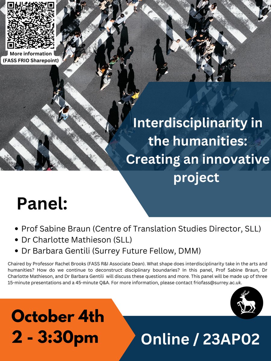 GWenmanJames's tweet image. 📢New event alert📢

On October 4th, Surrey's FASS FRIO will be hosting a panel entitled 'Interdisciplinarity in the Humanities: Creating an Innovative Project. This is a hybrid event, and will run from 2-3:30.
