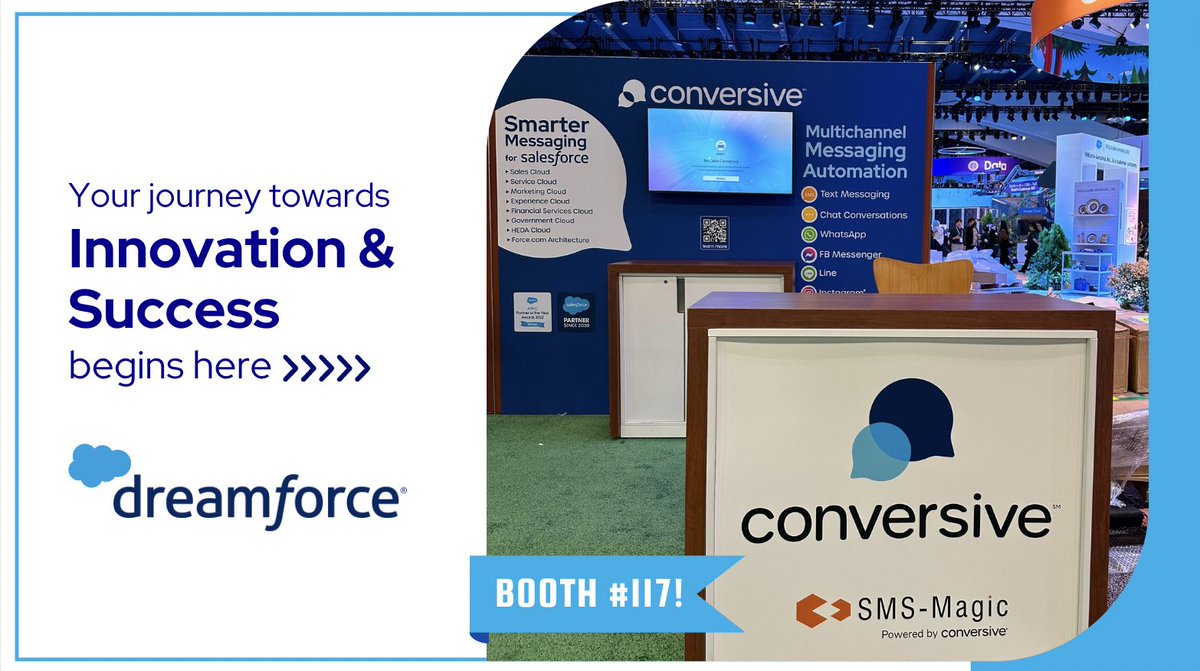smsmagic's tweet photo. Check out our freshly crafted Booth #117 at #Dreamforce2023! 
A space designed for institutions and professionals to explore Conversive by SMS-Magic, network with industry experts, and kickstart innovative collaborations. 
Book your personalized demo now! https://t.co/0MUnpJPK1K https://t.co/5pzyrn3u3I