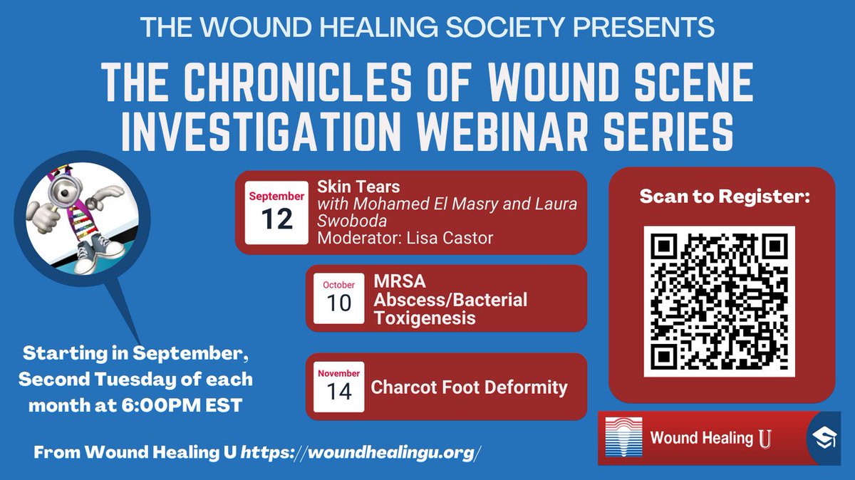 Join us tonight for the the Chronicles of Wound Scene Investigate Webinar on Skin Tears! Registration is free! 

Register now: us02web.zoom.us/webinar/regist…

#WHS #WoundHealing #ChroniclesofWoundSceneInvestigation