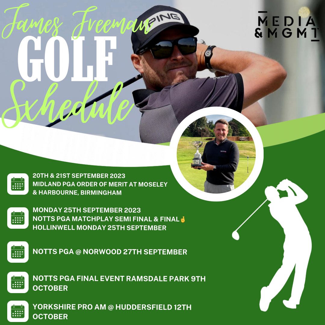 PointOne_mgmt's tweet photo. JAMES FREEMAN GOLF SCHEDULE🙌
Some big tournaments coming up for @jamesmfreems as he looks to win competitions and build his way further up the rankings👏
Keep working hard James!
#jamesfreeman #golf #golfswing #golfcompetition #golfaddict #golfclub #golfstagram #golfpro https://t.co/IAavwqcAHk