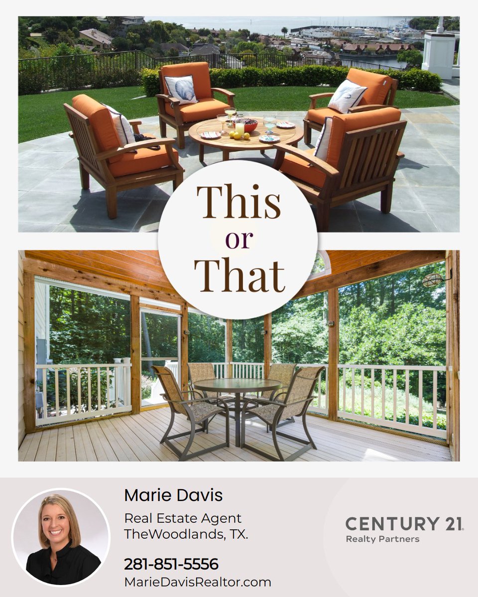 mariedavishomes's tweet image. For all the nature lovers out there - what's your pick for soaking in the outdoors right at home? An enclosed porch for all-weather lounging or an open patio for a sun-filled hangout?

#outdoorliving #porchvspatio #homefeatures #naturelovers #homeideas
