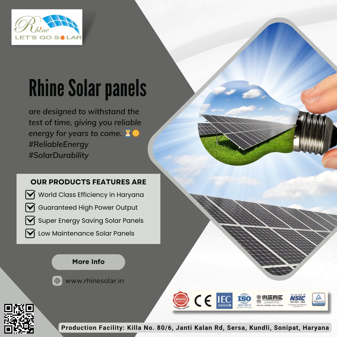Rhinesolar's tweet image. Rhine Solar panels are designed to withstand the test of time, giving you reliable energy for years to come. ⏳🌞 #ReliableEnergy #SolarDurability

* Our Website: rhinesolar.in
* Killa No. 80/6, Sersa, Kundli, Sonipat, Haryana

#SolarPanel #SolarPanels