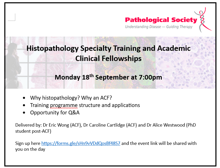 Interested in histopathology and/or academic clinical fellowships? Drop by our info session on 18 Sept 23 7pm. Sign up here : forms.gle/sHn9vVDdQosBf4…
#MedTwitter #PATHSOC #histopathology #pathology