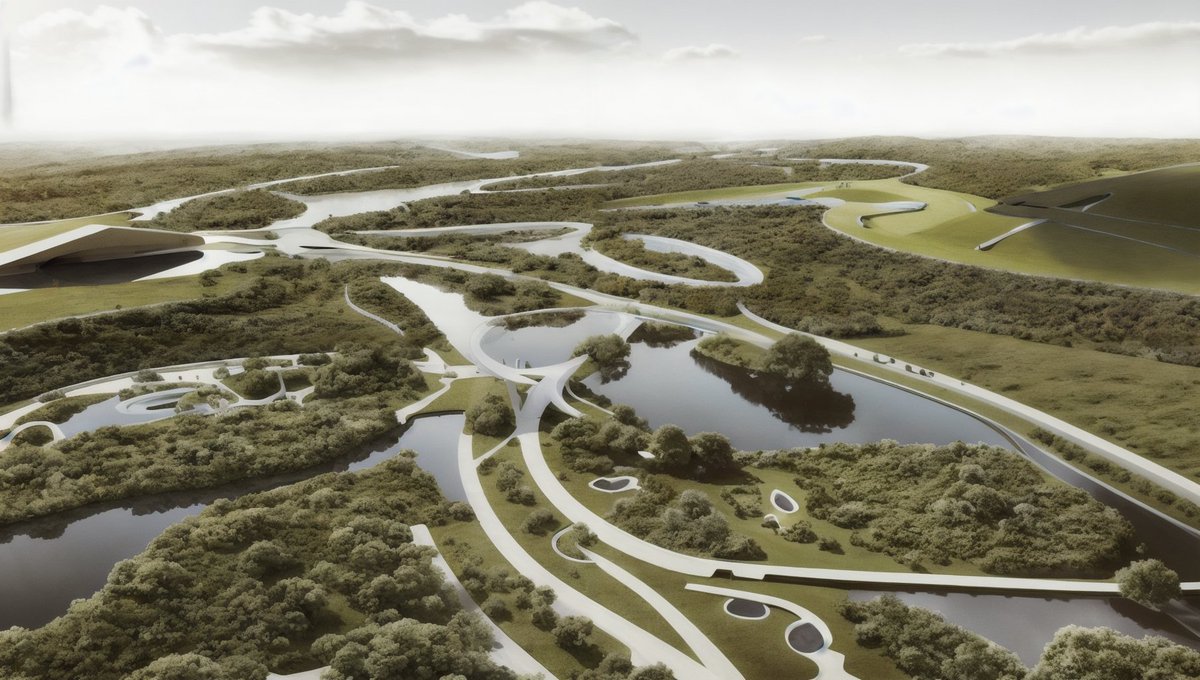 BcnArch's tweet photo. River Park and wetlands with stormwater retention ponds - NavasSolé architects https://t.co/C9bNIstjPH
