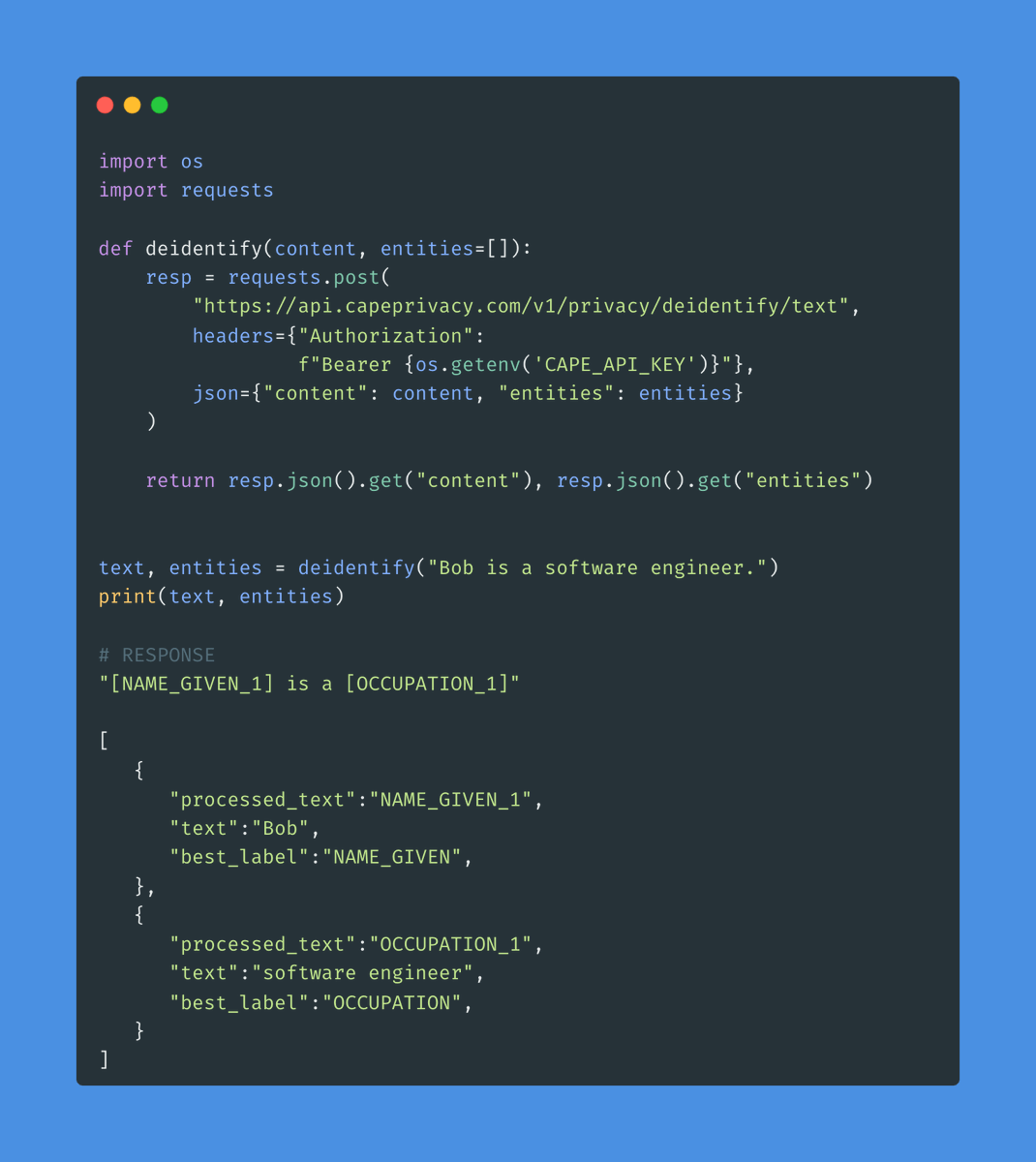 Nobody can compete with OpenAI.

If you want to integrate a Large Language Model with your application, OpenAI wins every day.

But the problem is that companies can't justify using OpenAI's API with their customer's private information.

Here is a solution:

The @capeprivacy