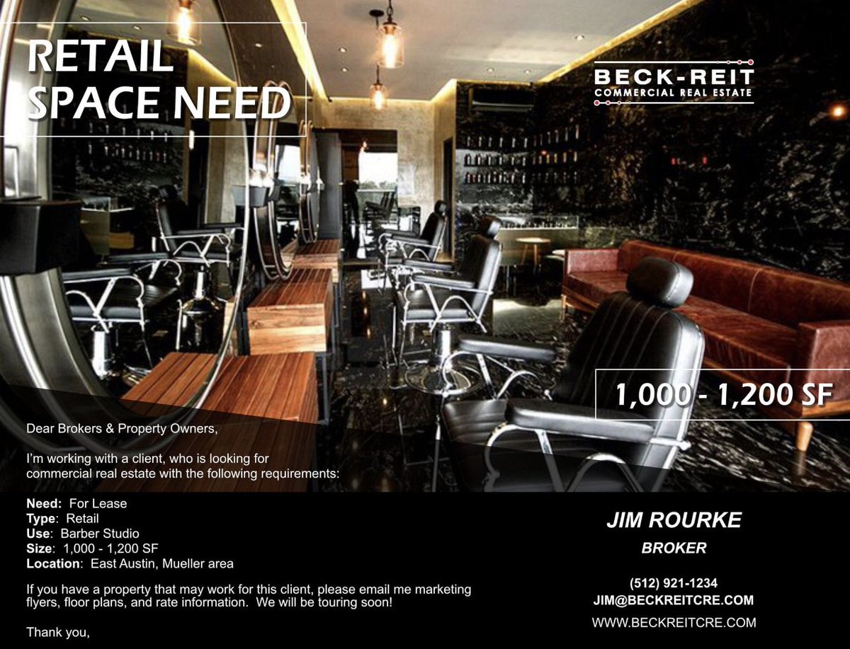 BeckReit's tweet image. NEED - Retail Space For Lease in East Austin. 

Looking for retail space for barbershop in East Austin/Mueller area.  Contact Jim Rourke, jim@beckreitCRE.com with any options. 1,000-2,000 SF #commercialrealestate #Eastaustin