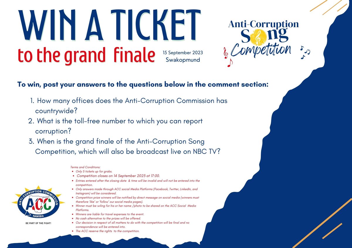 ACCNamibia's tweet photo. Win a ticket to the Anti-Corruption Song competition grand finale, which is planned to take place on Friday, 5 September 2023 in Swakopmund. #jointhefight #BePartofTheFight #OneVoice #NACSAP https://t.co/ANVQ3A2FFX