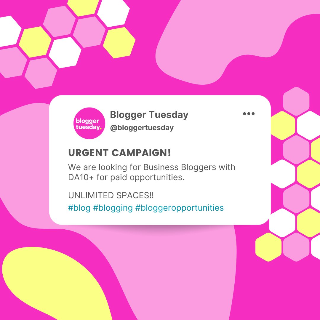 BloggerTuesday's tweet image. 🚨ATTENTION BLOGGERS!🚨

We have unlimited positions available for bloggers within the Business niche!

Drop your links below if you think you fit this category💐
#blog #blogging #blogger #businessblogger #businessblogs