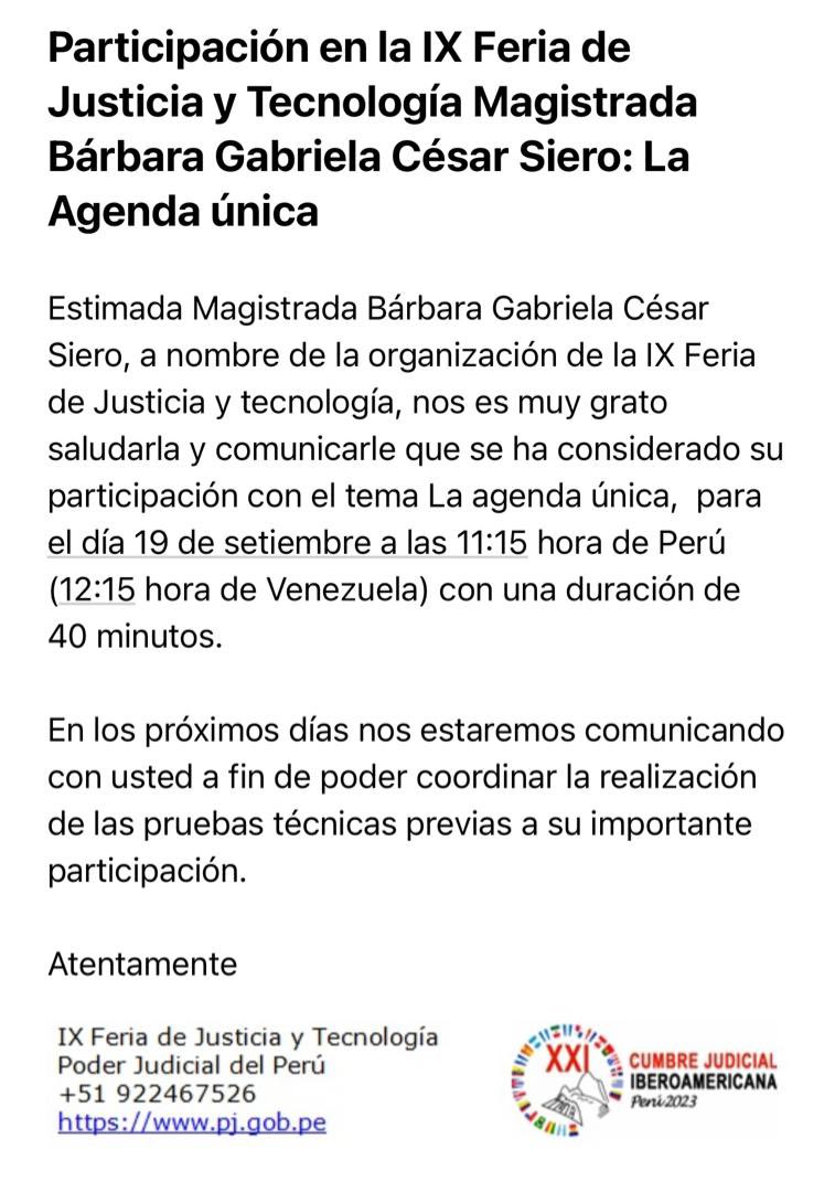 BarbaraCesarS's tweet photo. TSJ participará en la IX Feria de Justicia y Tecnología del Poder Judicial de Perú con 2 Conferencias dictadas por la Magistrada Bárbara César, Coordinadora de @cetydip, las cuales serán: DIGITALIZACIÓN DE LOS PROCESOS DEL PODER JUDICIAL VENEZOLANO y LA AGENDA ÚNICA. #TSJAvanza https://t.co/L3ekSXq6yE