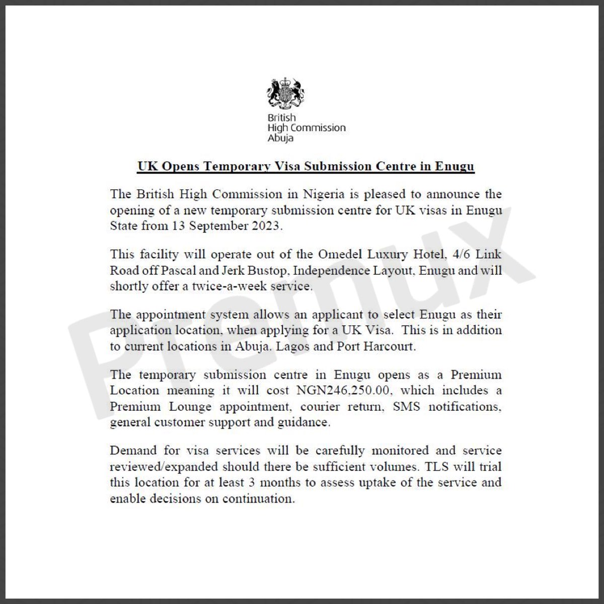 PremuxEducation's tweet photo. BIG NEWS!!!

UK has officially announced the opening of a new temporary submission center for UK visas in Enugu, and it will be officially opened on the 13th of September, 2023!

Make sure to set a reminder!

Subsidy| removal | visa| 16th of September| Ajuri | pon pon pon https://t.co/ymHPRJrGYW