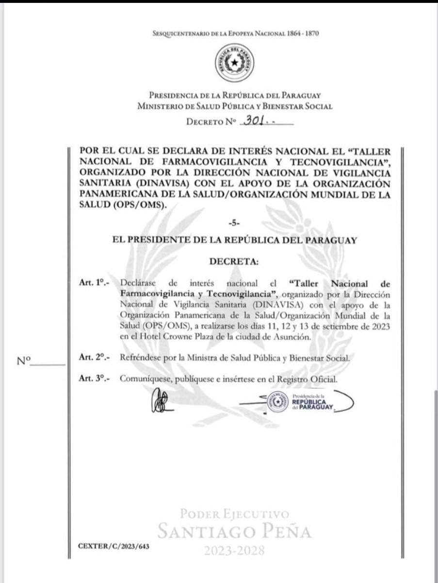 DINAVISApy's tweet photo. En #DINAVISApy, recibimos con beneplácito la Declaración de interés nacional del "Taller Nacional de Farmacovigilancia y Tecnovigilancia por parte de Excelentísimo Señor Presidente de la República Santiago Peña Palacios mediante el Decreto Nº 301. https://t.co/Grgdr8lNlY