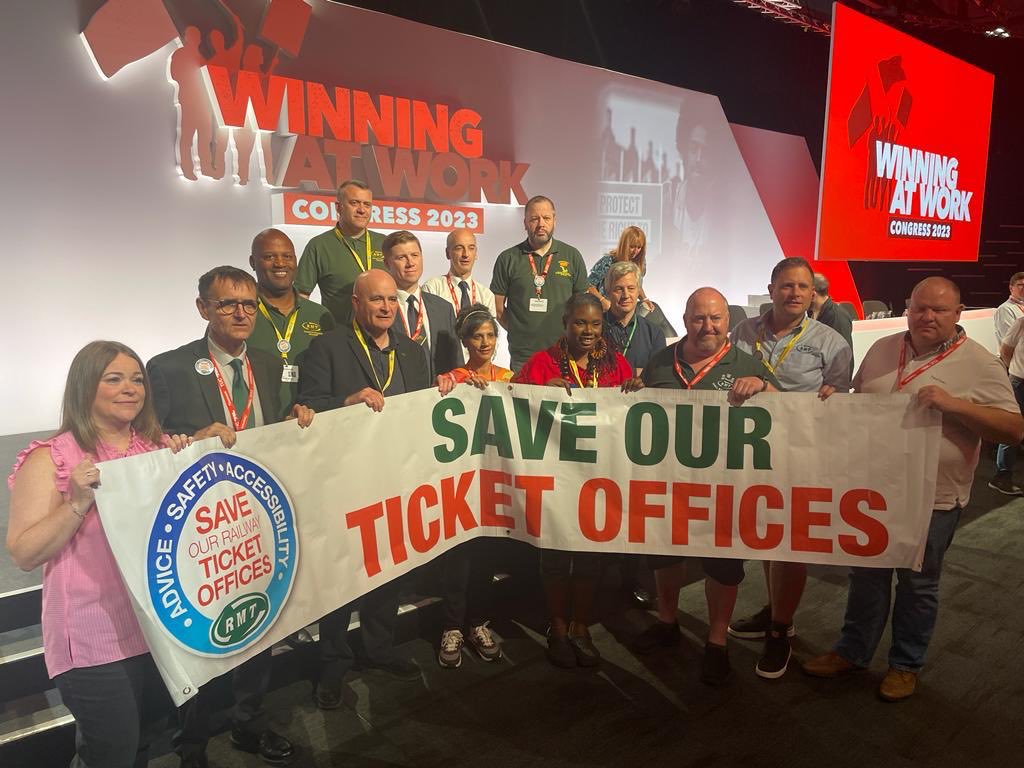 The ⁦@RMTunion⁩ delegation at #TUC23 taking the #SaveTicketOffices campaign to congress