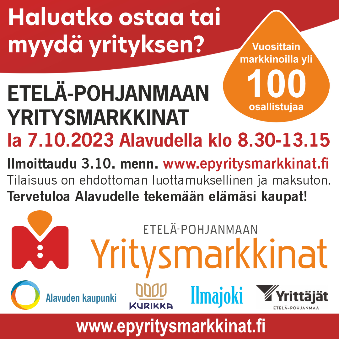 Etelä-Pohjanmaan Yritysmarkkinat järjestetään lauantaina 7.10.2023 Alavudella. Onko sinulla mielessäsi yrityksen myynti tai osto? Yritysmarkkinat on oivallinen tilaisuus aloittaa kaupankäynti. epyritysmarkkinat.fi