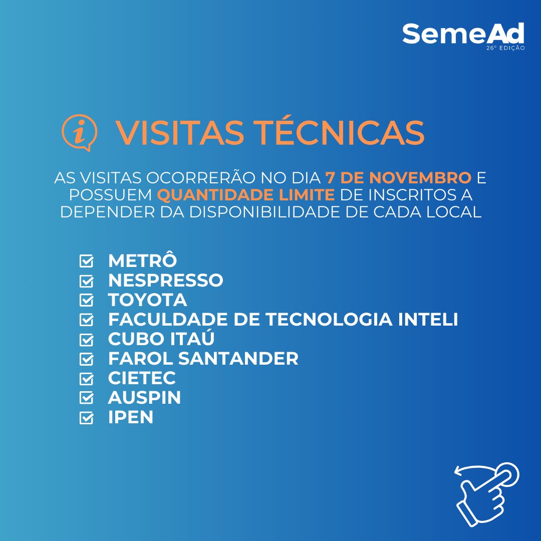 seme_ad's tweet photo. Estão abertas as inscrições para o Congresso, para o Esquenta SemeAD e para as Visitas Técnicas! 📢

📌 Período de inscrição dos trabalhos aprovados: 12/9 a 28/09
📌 Período de inscrição de congressistas: 12/09 a 30/10

Acesse nosso site oficial: https://t.co/06mwJ6wUPu https://t.co/t6TqfSv7oE
