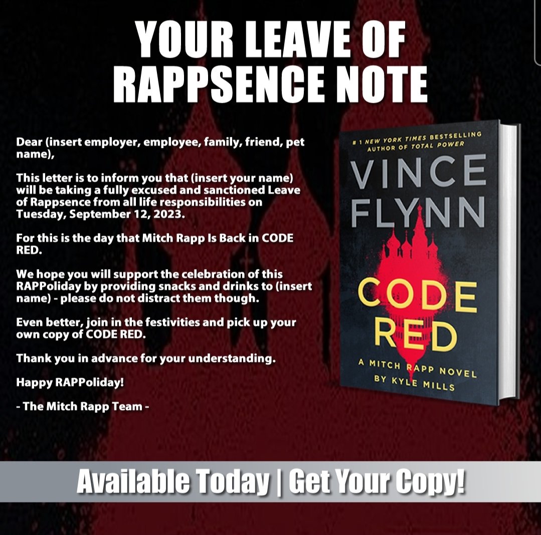 Don't forget your Rappsence note today!!
#mitchrappisback #rappsencenote @KyleMillsAuthor @bentleydonb @VinceFlynncom #releaseday #CodeRed