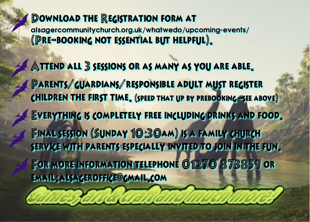 Alsager_CC's tweet photo. Looking forward 2 the next of our Kids weekends at Alsager Community Church with now just over 2 weeks to go. Friday 29th September - Sunday 1st October (see picture for more details.
Back by popular demand are the dinosaurs, with a special guest dinosaur in attendance!
All free! https://t.co/swNCILwJdD