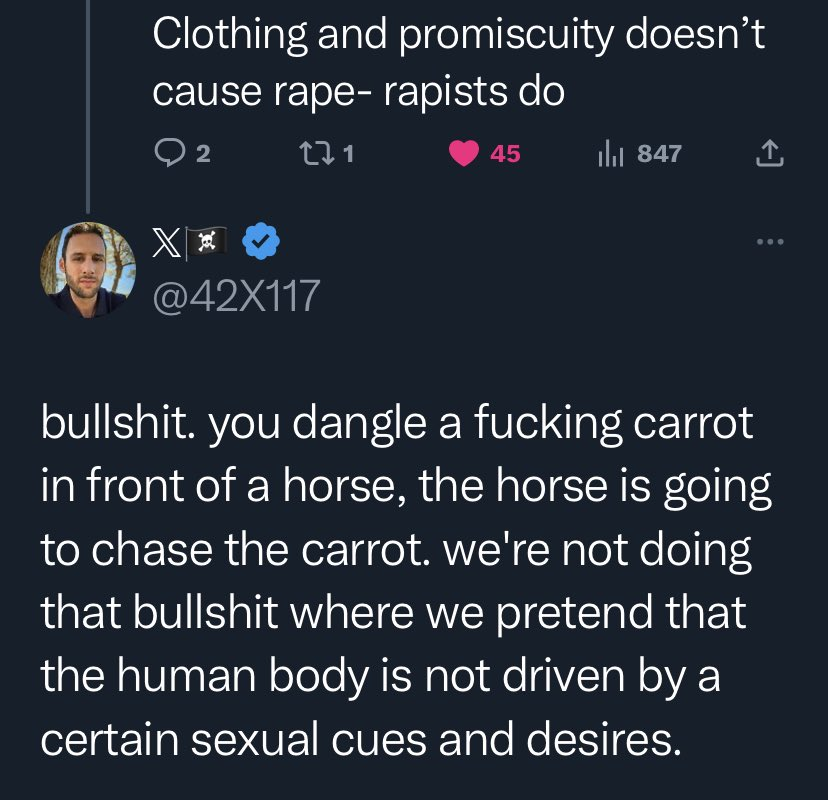 DaAngryOstrich's tweet photo. I'm just letting everyone know, that @42X117 thinks women are here for men's pleasure. 

You'd probably do well to block this unhinged freak. https://t.co/HpfYOgUN7G