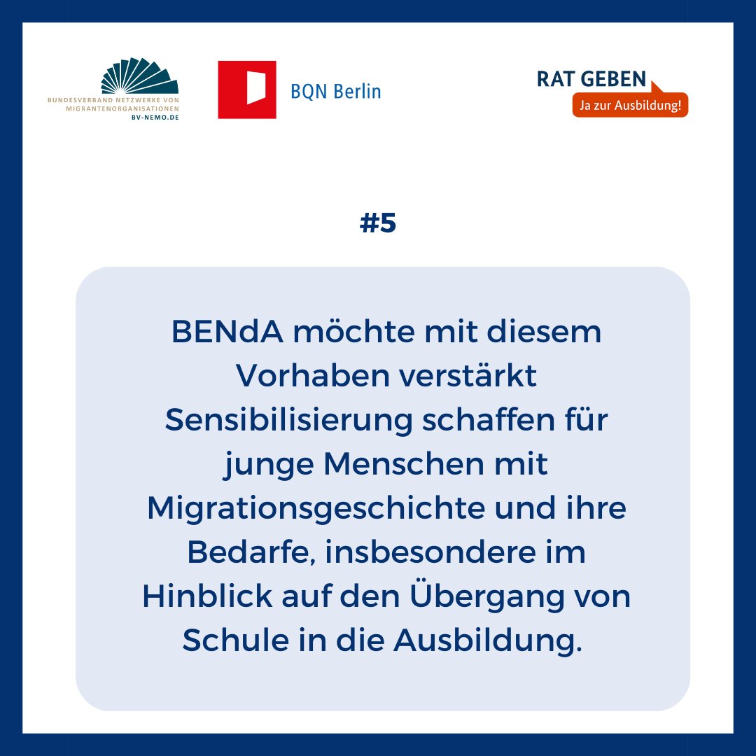 BENdA wird im Rahmen des Programms „Rat geben – Ja zur Ausbildung!“ durch <a href="/BMAS_Bund/">Bundesministerium für Arbeit und Soziales</a> und die Europäische Union über den Europäischen Sozialfonds Plus (ESF Plus) gefördert. (2/2)
#Bildung #Empowerment #Ausbildung #Arbeit