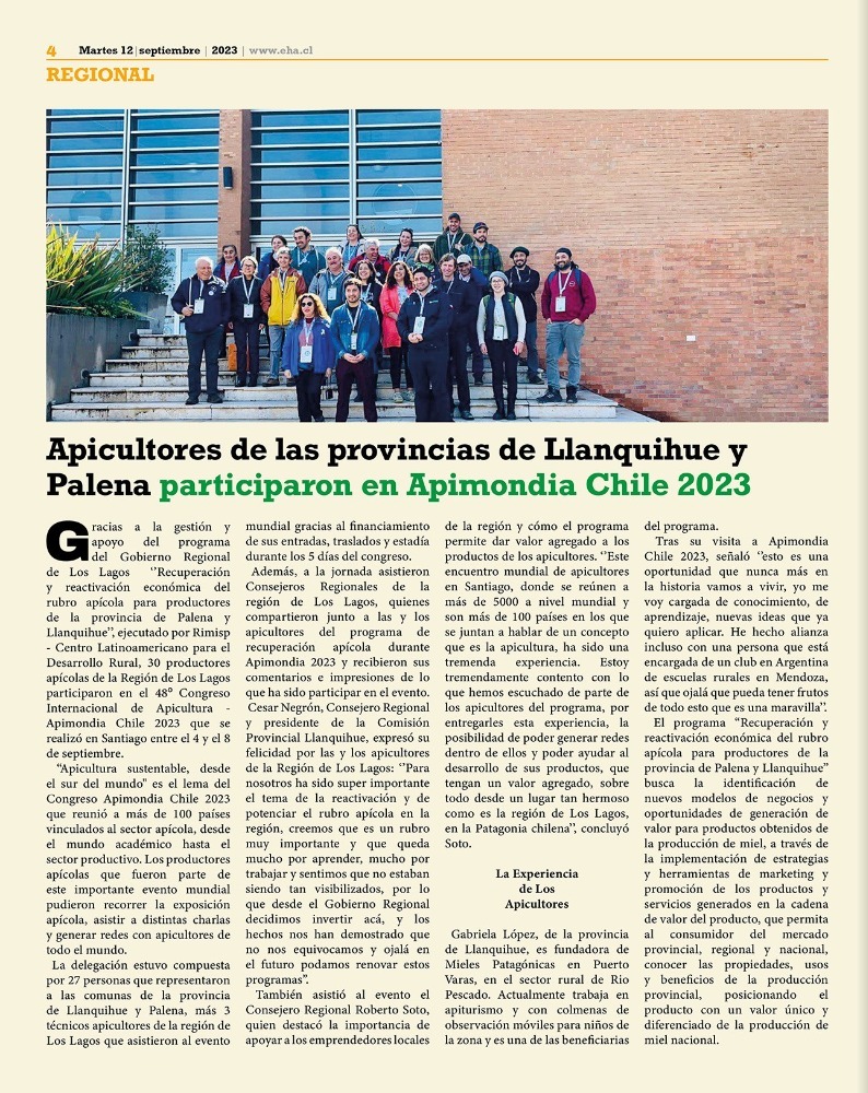 #CORELosLagos en prensa! Este martes, el <a href="/diario_eha/">El Heraldo Austral</a> destaca en su edición la participación de los consejeros regionales <a href="/CesarNegronB/">Cesar Negrón Barría</a> y <a href="/core_palena/">Roberto Soto Escalona</a> en <a href="/Apimondia_Chile/">Apimondia Chile 2023</a>, donde estuvieron presentes apicultores de las provincias de #Llanquihue y #Palena.