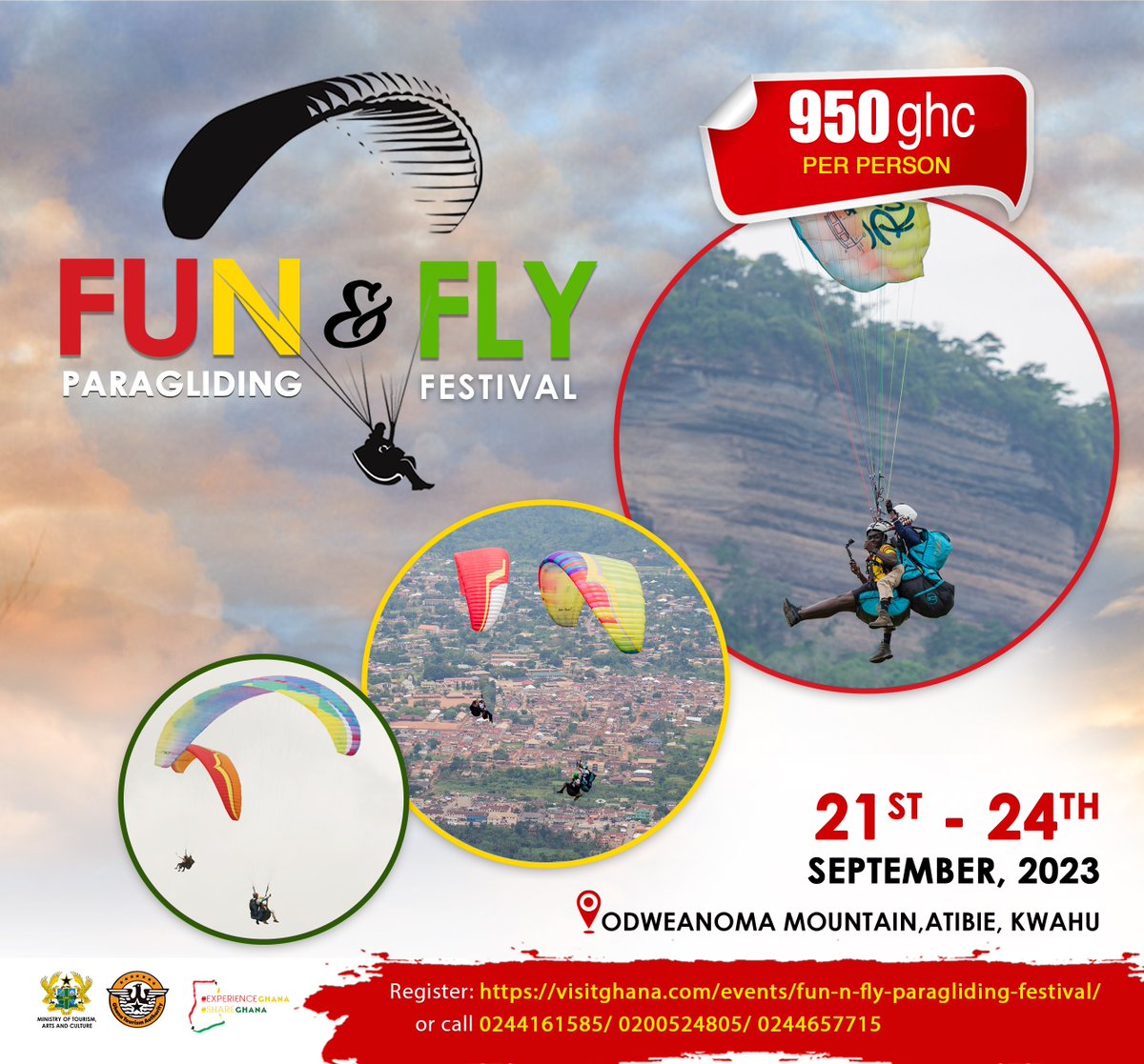 ghanatourismGTA's tweet photo. Looking for an extraordinary experience? Join us at the Fun & Fly Paragliding Festival and make it a weekend to remember. ππͺ
Register Now: https://t.co/UfKMw86FHT
.
#You2CanFly #ExperienceGhana #ShareGhana #FunNFlyParaglidingFestival #TourismMonthGH23 #Kwahu https://t.co/lkkTPQ1aPw
