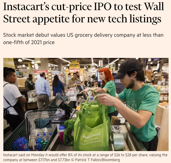 Been curious as to why Instacart was 'only' raising $616m.
A comment to the article⬇️reminded me that insiders committed to buy $400m of that.
Buying 2/3 of an IPO float is a lot, no?
A sign of <checks notes> appetite?
Will be interesting to see how the $CART greenshoe plays out.