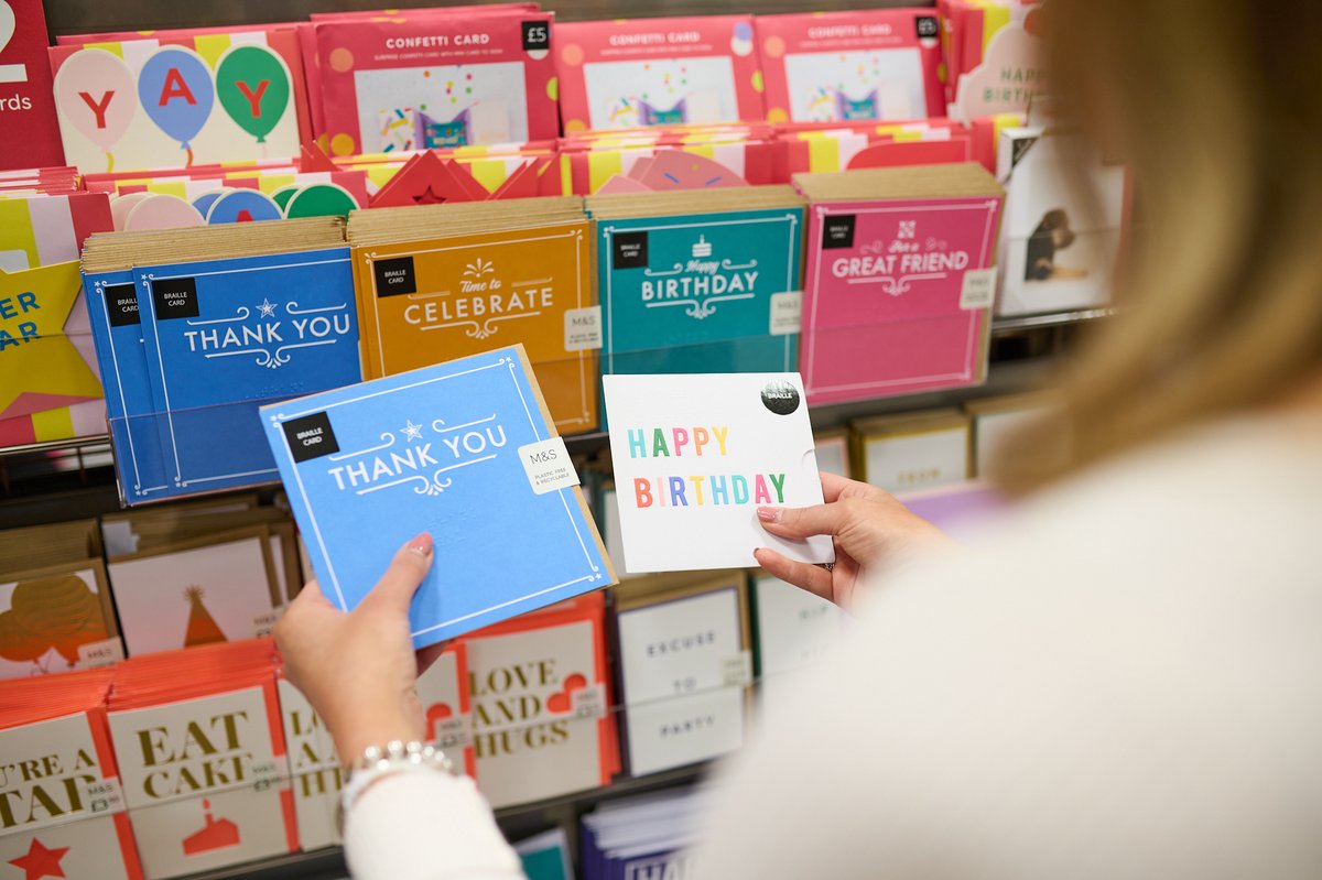 MandSnews's tweet photo. We've recently launched a first of its kind braille gift card and greeting card range, developed in consultation with the @RNIB. The rollout was accelerated following suggestions from colleagues via our CEO suggestion scheme - Straight to Stuart. Read more https://t.co/3f7JmptSZ4 https://t.co/1syUb06sVR