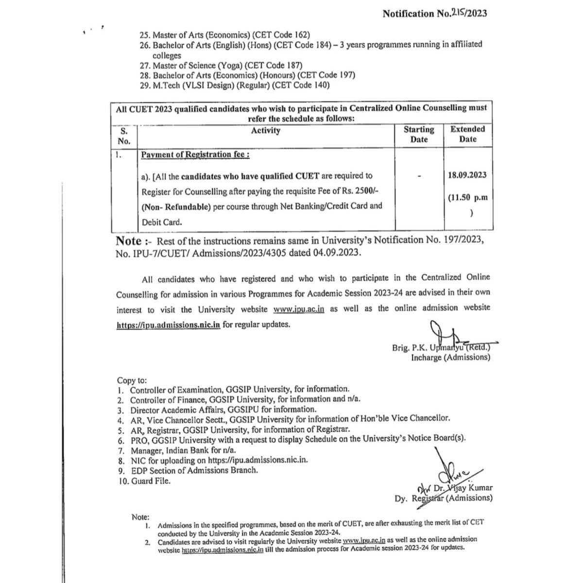 BanarsidasP's tweet photo. Extended schedule for online registration for filling up of vacant seats after exhausting merit list of CET on basis of CUET during academic session 2023-2024 &amp; schedule for fee submission of registration fee. For more info contact https://t.co/ipSDoWtq80 7065234623 #ggsipu #bcip https://t.co/FNlIUItDvM