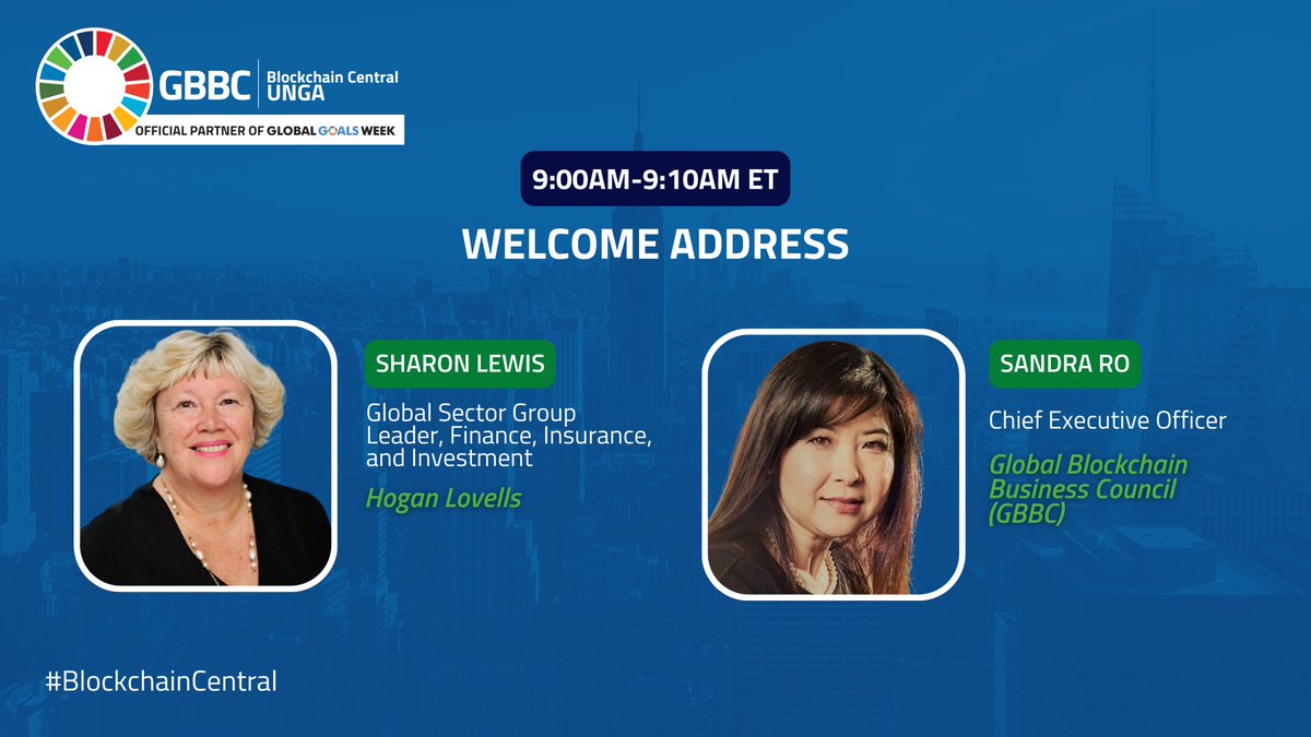 Join us now at GBBC's #BlockchainCentral UNGA, as @HoganLovells' Sharon Lewis and GBBC CEO @srolondon kick off the full day of programming with a Welcome Address 🌎 Tune in via livestream 👇 youtube.com/live/MBFC44EMD…