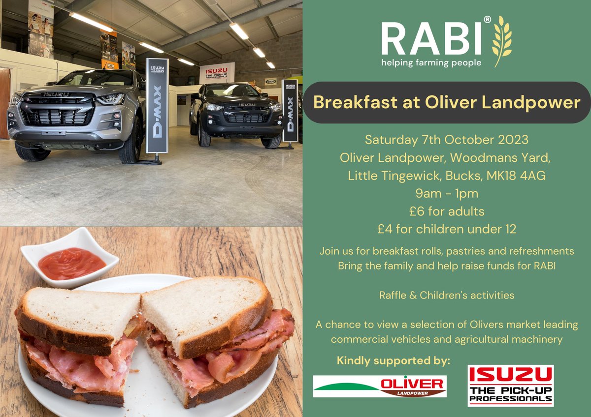 Oliver Landpower are kindly hosting another breakfast for Bucks RABI at their dealership in Little Tingewick 🥓🍳☕️

There will be plenty to eat &amp; lots of shiny new farm machinery &amp; vehicles to look at too!! 🚜

No need to book - just turn up on the day! 

#RABIcharity