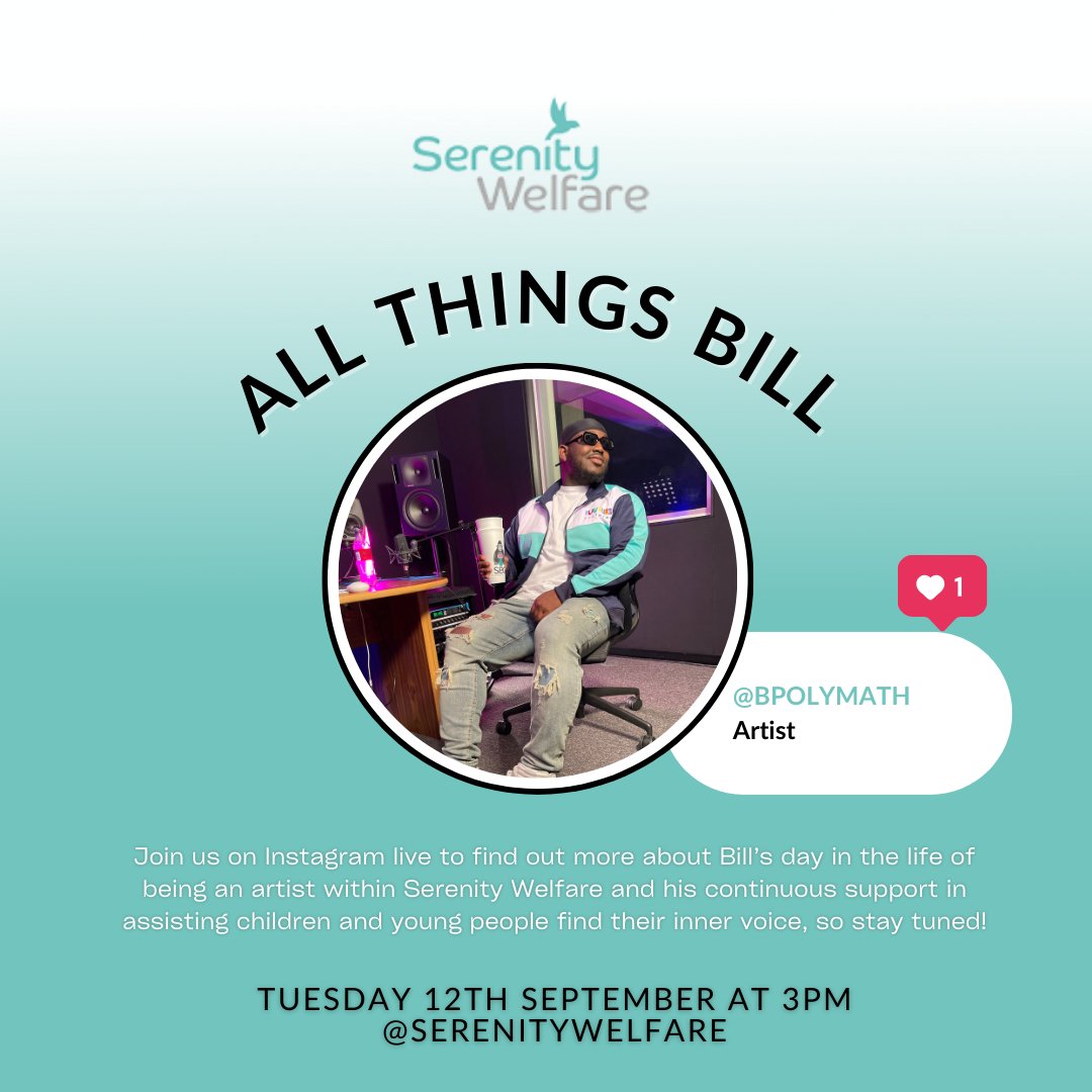 SerenityWelf's tweet photo. Join us on Instagram live with @bpolymath to find out more about Bill's day in the life of being an artist within Serenity Welfare and his continuous support in assisting children and young people find their inner voice! Meet us on Instagram @serenitywelfare at 3pm. https://t.co/Tddq883wUn