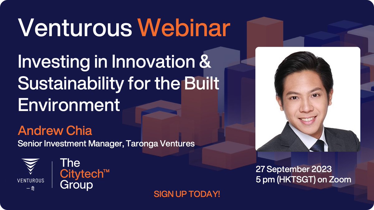 Join us in our upcoming #VenturousWebinar, where we'll have Mr Andrew Chia, Senior Investment Manager at <a href="/TarongaVentures/">Taronga Group</a>, discussing purpose-driven #proptech #investments as a cornerstone for improving the built environment.
us06web.zoom.us/webinar/regist…
