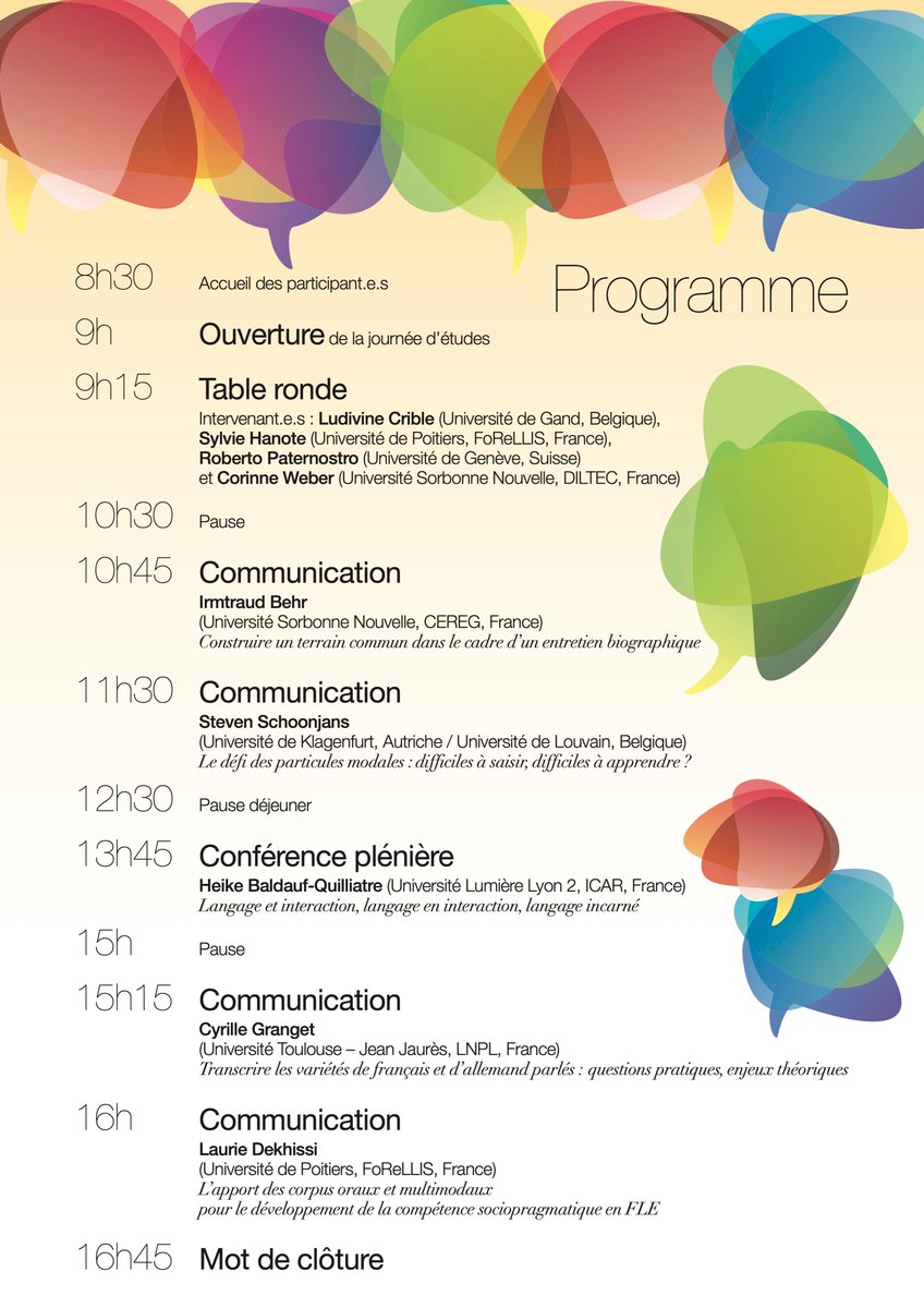 [JOURNÉE D'ÉTUDE]
Programme de la JE "Linguistique et didactique de l’oral spontané en Europe francophone", co-organisée par Jeanne Vigneron-Bosbach (<a href="/FoReLLIS_15076/">FoReLLIS</a>) et Liubov Patrukhina (<a href="/labo_CREG/">Laboratoire CREG</a>).

📅6/10/23
📍<a href="/UnivPoitiers/">Université de Poitiers</a>, <a href="/MSHS_Poitiers/">MSHS Poitiers</a>, Salle Mélusine