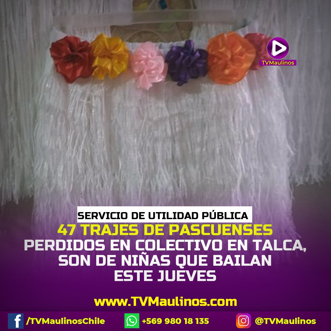 URGENTE/Esta mañana en un colectivo del terminal hacia la villa bajaron (creemos por error) una bolsa con 47 trajes de pascuense (confección casera falda y accesorios) para un curso de la Escuela Balmaceda por favor contactarse para devolver las niñas bailan este jueves.
