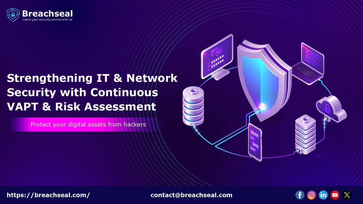 breachsealtech's tweet image. Strengthening IT &amp;amp; #NetworkSecurity with Continuous #VAPT and Risk Assessment

We identify &amp;amp; address #ITvulnerabilities, stress-testing your defenses against real-world #cyberattacks. Our experts provide tailored solutions, securing your data &amp;amp; ensuring #compliance.