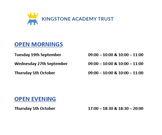 KingstoneHigh's tweet photo. KEY SCHOOL INFORMATION:
Open Mornings &amp; Open Evening https://t.co/3EA6WHHHl3