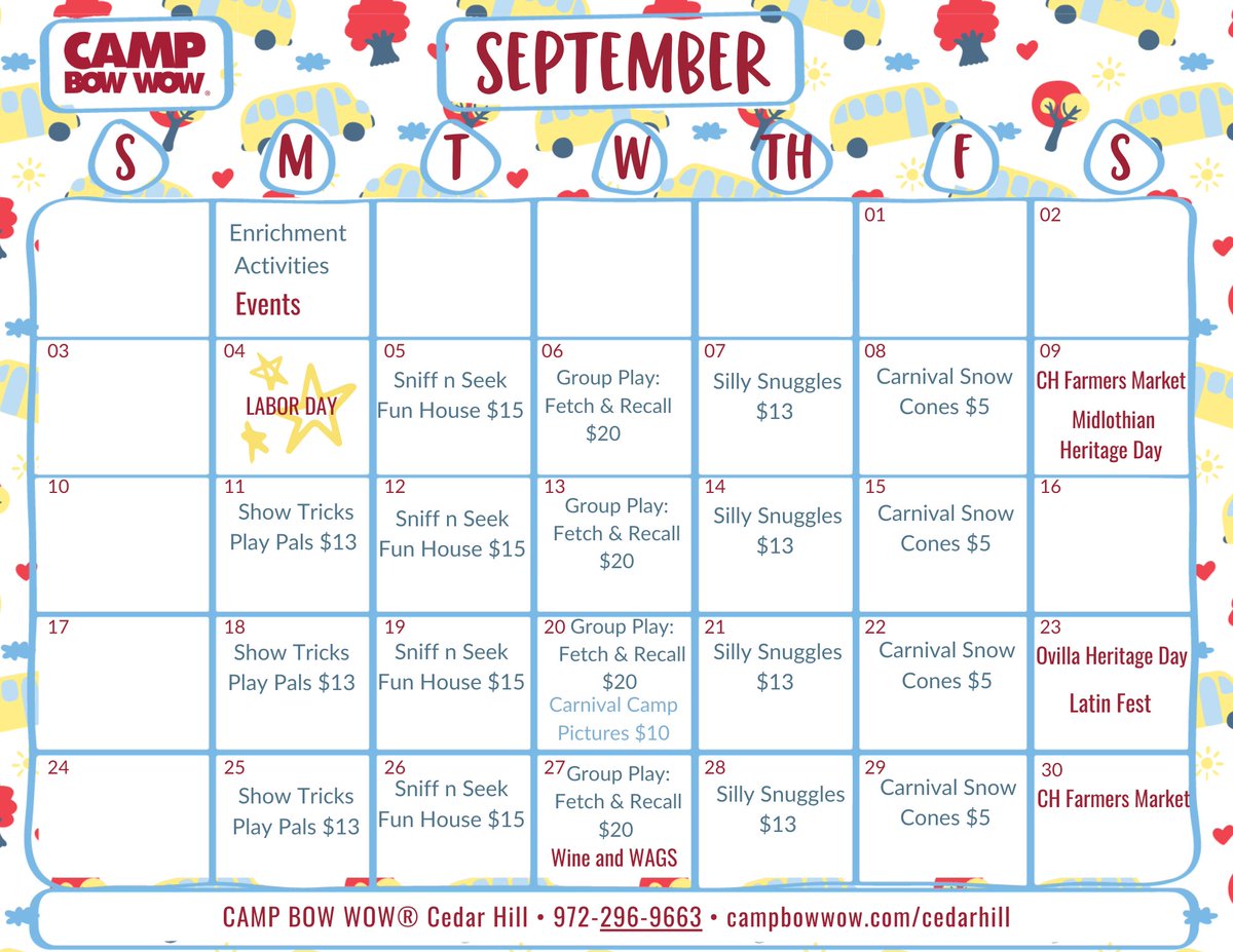 CBWCedarHill's tweet photo. Here is your September calender for enrichments and local events for Ceder Hill Camp Bow Wow ! https://t.co/LAl81UuJfe