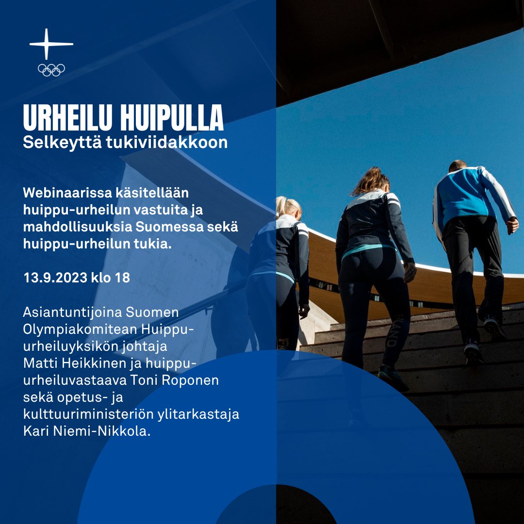 Urheilu huipulla -webinaarissa käsitellään huippu-urheilun tukia sekä vastuita ja mahdollisuuksia Suomessa.

✅Webinaari on suunnattu urheilijoille, mutta avoin kaikille asiasta kiinnostuneille.
⏰ 13.9. klo 18-19.30

Lisätiedot ja linkki webinaariin⤵️

🔗 olympiakomitea.fi/2023/09/08/urh…