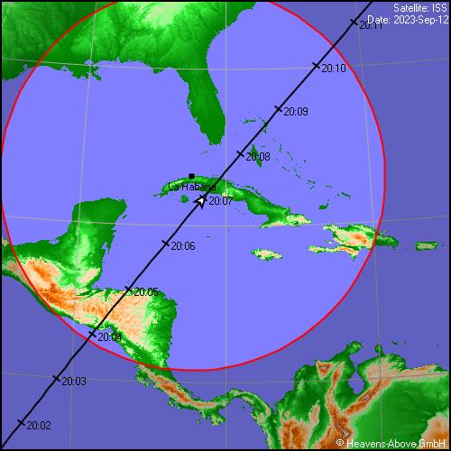 iss_alerts's tweet photo. ¡A poner las alarmas! ⏰ Hoy martes 12 de septiembre de 2023 pasará la Estación Espacial Internacional por La Habana 🇨🇺. Aparecerá por el sudoeste a las 20:01 y se pondrá por el noreste luego de 10 minutos. https://t.co/c8p4jqGsCm