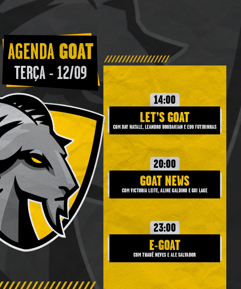CanalGOATBR's tweet photo. Confira a programação desta terça-feira no canal! 👇
🗣️ Começamos com o #LetsGOAT, às 14h!
📰 Às 20h, muita informação no #GOATNews.
🕹️ Por fim, é a vez daquela resenha nota mil com no #eGOAT, às 23h. https://t.co/hVCbgvVp0L