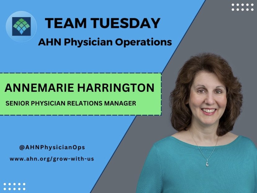 AHNPhysicianOps's tweet image. This week’s #TeamTuesday is Senior Physician Relations Manager, Annemarie Harrington. Annemarie works with our physicians in the Erie region and we are happy to have her with our team for 10 years!