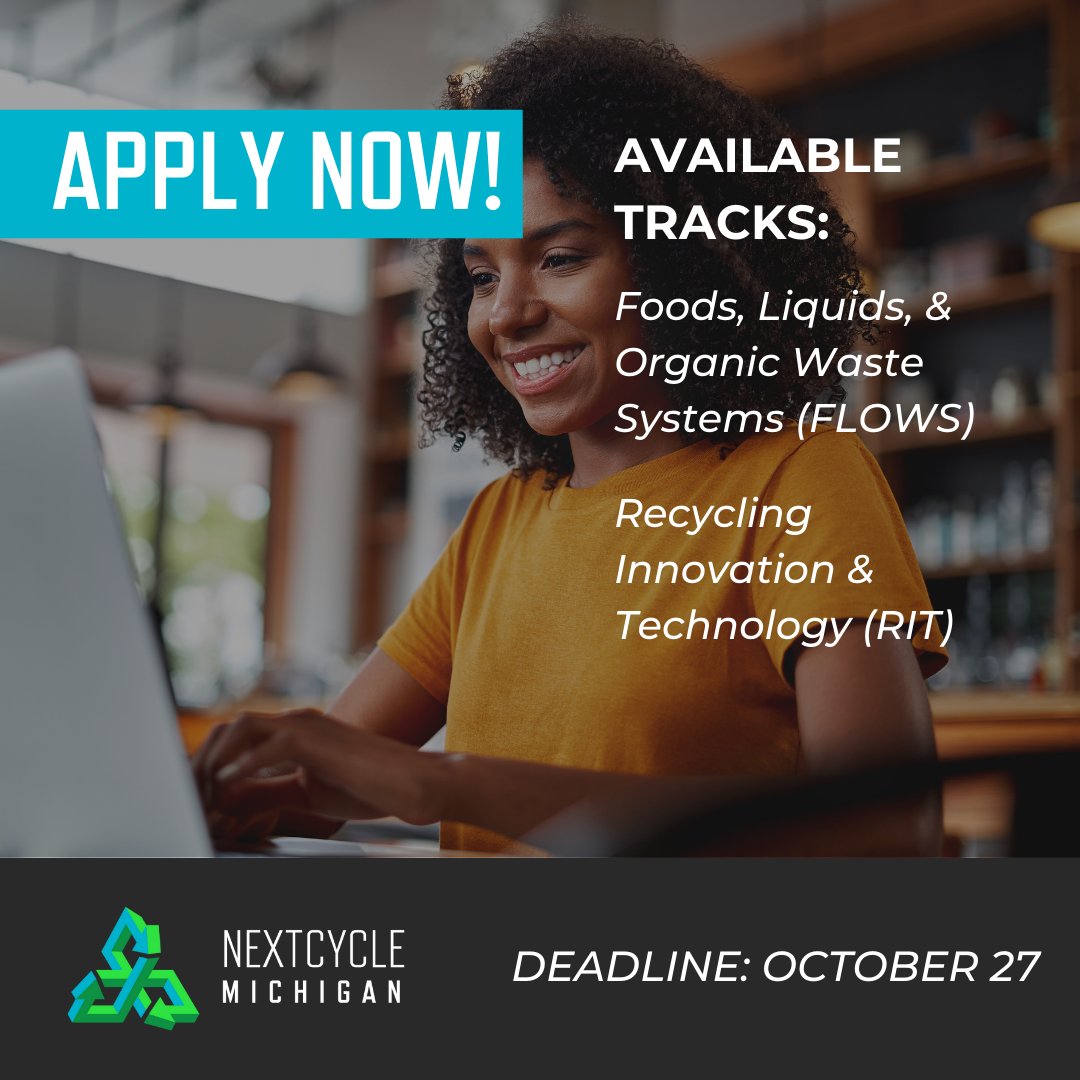 #NextCycleMichigan is seeking applicants to receive business and technical support on projects that develop technologies or new uses for recycled/organic materials. ♻️♻️ Learn more and apply by Oct 27: nextcyclemichigan.com/apply #MIRecycles #MichiganRecycles