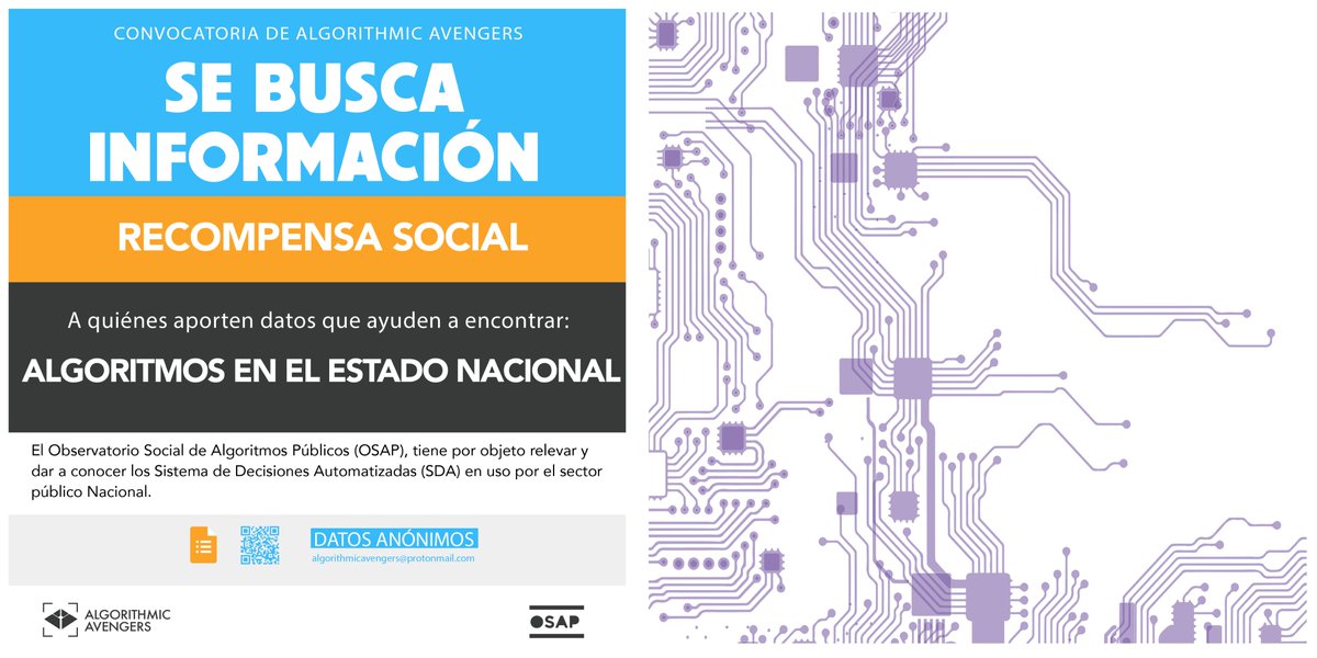 algovengadores's tweet photo. 🔍Pusimos en marcha el Programa Ciudadano de Búsqueda Algorítmica #PCBA para generar una red de personas que colaboren a identificar datos sobre el uso de los #SDA en el Estado Nacional #OSAP #AlgoritmosEstatales

👉🏽 Más información: https://t.co/rX5abnA0H6 https://t.co/2ZgQhe55l7