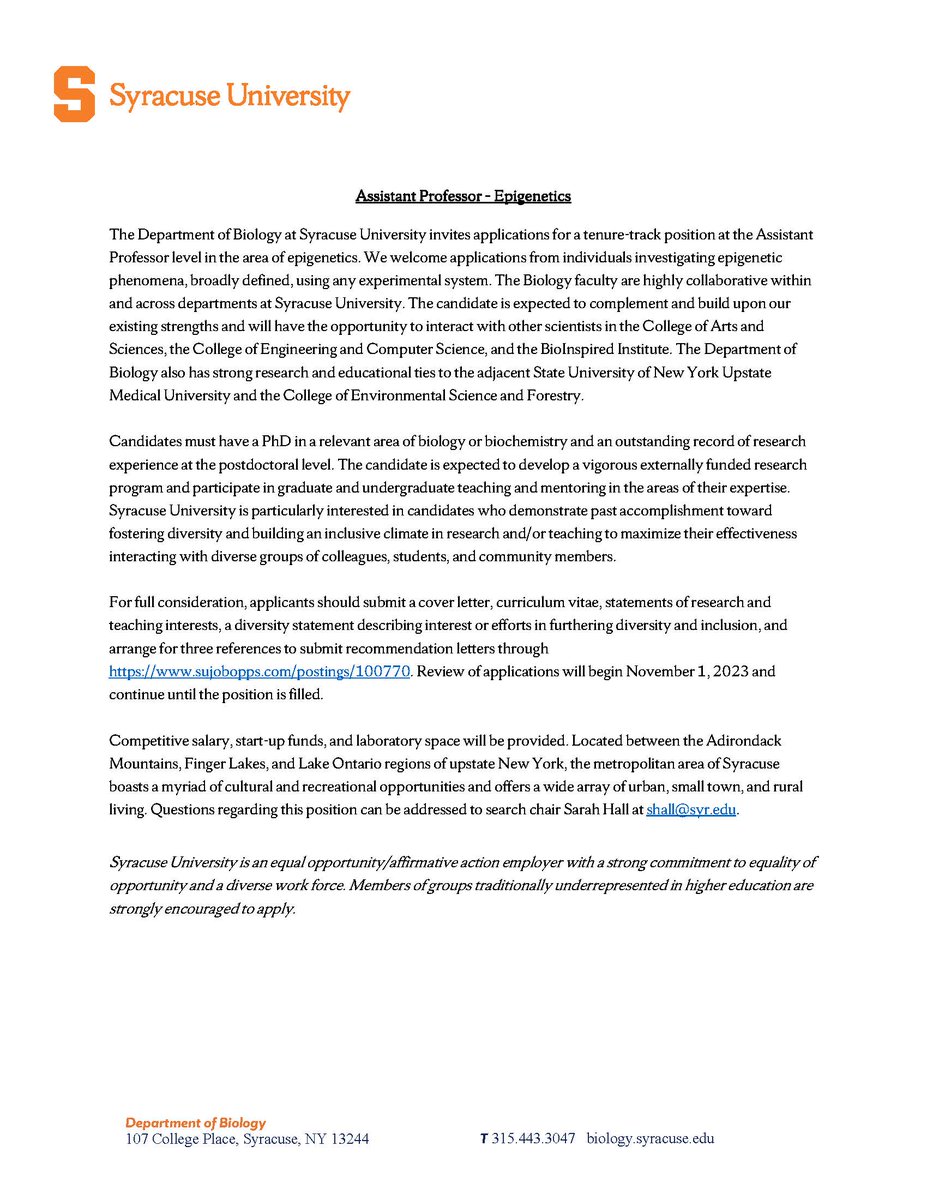 📢 JOB ALERT! 📢
Come be my colleague! Syracuse University Department of Biology is accepting applications for Assistant Professor in Epigenetics. See sujobopps.com/postings/100770 for more details and to apply. Please RT! #sciencetwitter #scitwitter #AcademicChatter #academicjobs