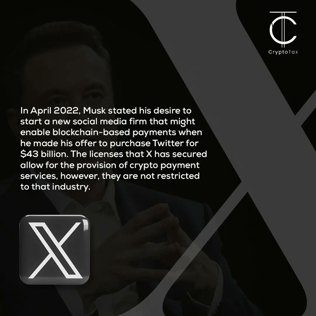 cryptotax_int's tweet photo. The entrepreneur's company, X, has just been granted licenses by multiple US states to accept both traditional and digital currency payments. We want to hear your thoughts on this bold move - will you be using X for your next transaction? Drop your comments below!
.
#cryptodate https://t.co/NlWJsNQyzt