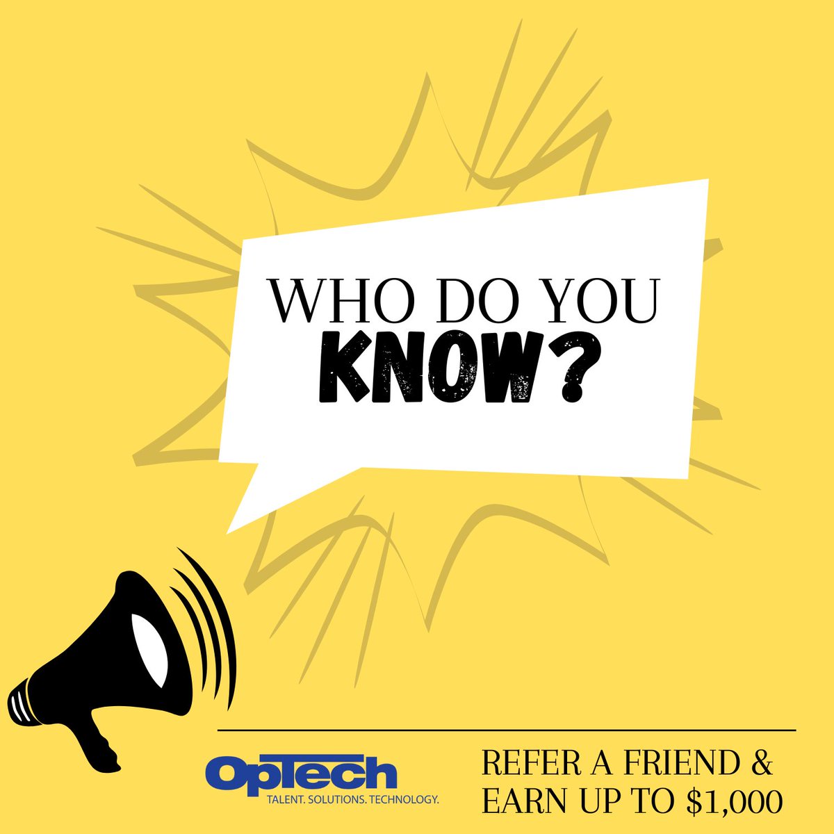 OpTechUS's tweet photo. Who do you know? We love referrals &amp; want to reward you for sharing the resume of a friend interested in a job in the fields of IT, engineering, healthcare or finance. Click the link, fill out the form &amp; up to $1,000 could be yours. https://t.co/8giXbJJptx #jobs #career #referral https://t.co/iL6RUwKfGs